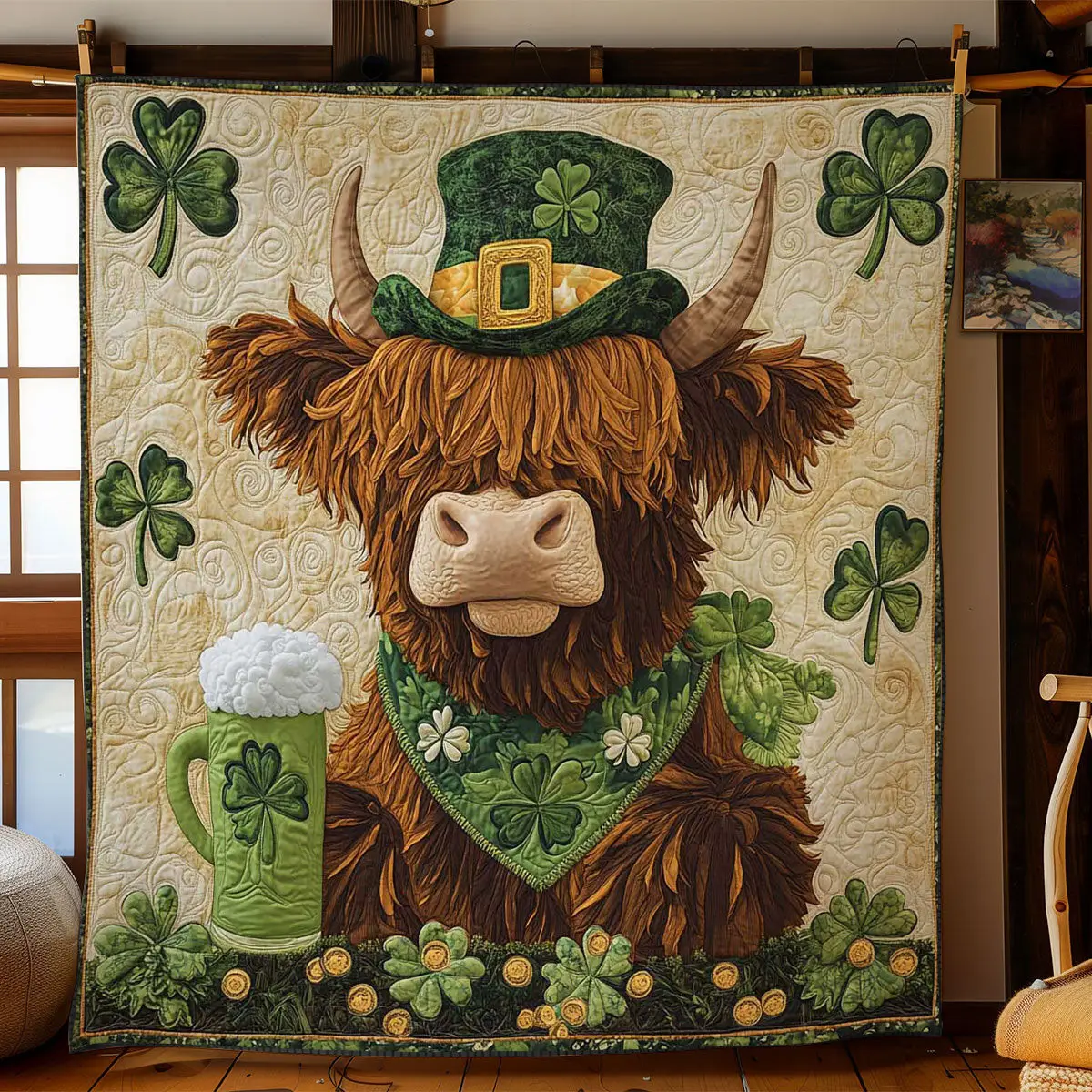 Highland Cow Clover Hat Quilt Blanket Best Throws For Sofas Blanket St Patricks Day Gift Idea