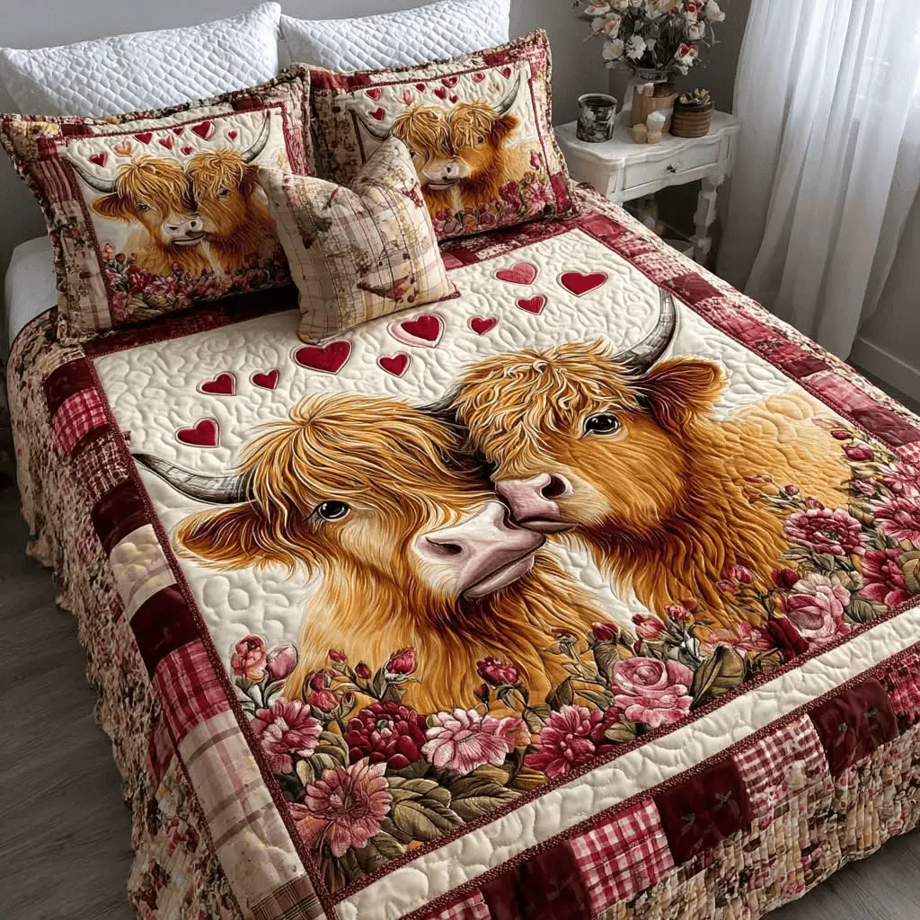 Highland Cow Couple Quilt Bedding Set Heart Pattern Set Valentine Gift for Parents