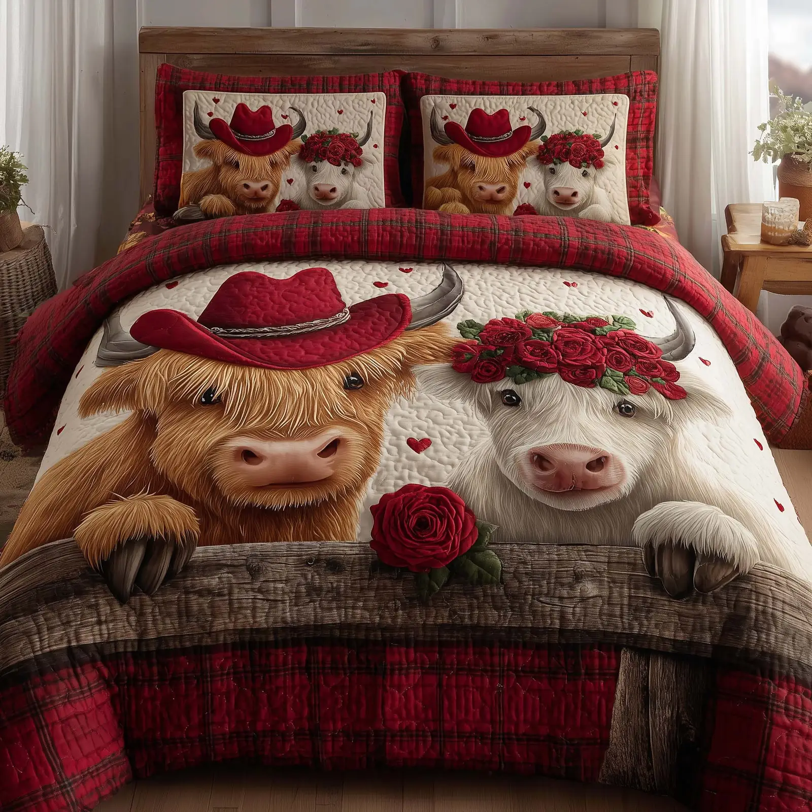 Highland Cow Couple Quilted Bedding Set Valentine Holiday Gifts For Employees