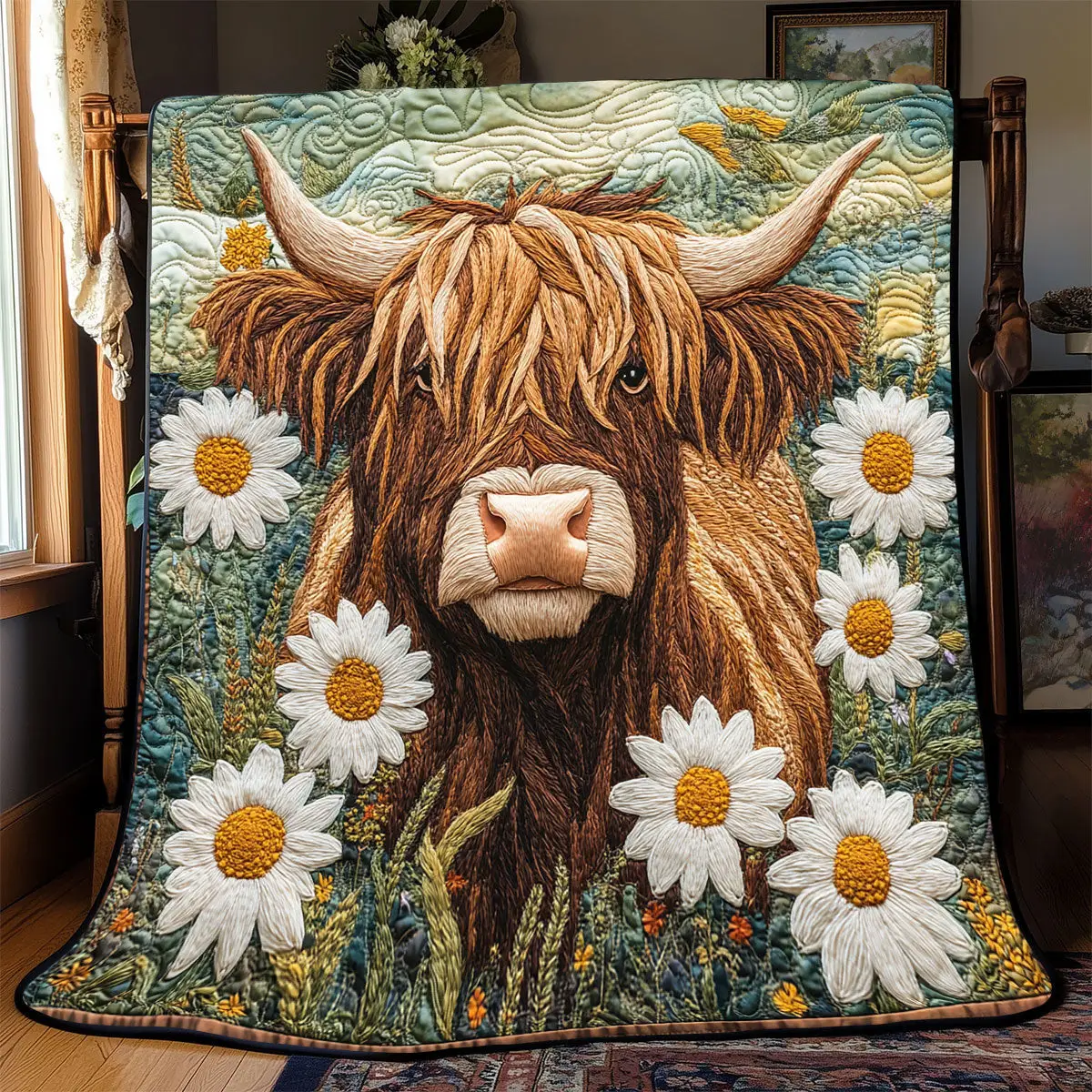 Highland Cow Daisy Quilt Blankets Throws And Blankets Father's Day Presents For Son