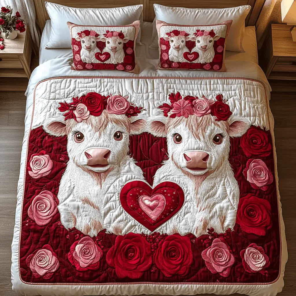 Highland Cow Harmony Herd Quilted Bedding Set Funny Valentine Day Ideas For Family