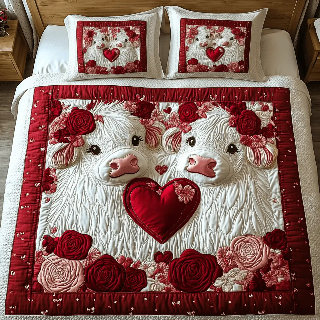 Highland Cow Lovelace Quilted Bedding Set Valentine Day Gift Family Exchange Ideas