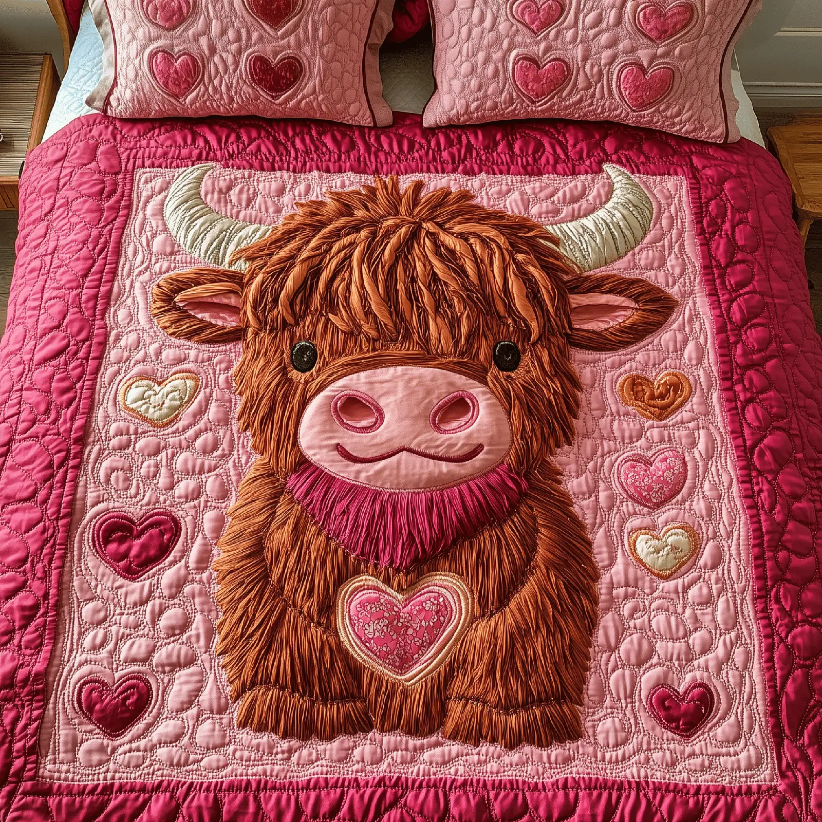 Highland Cow Pinky Sweetie Quilted Bedding Set Dad Best Valentine Duvet Cover Gift