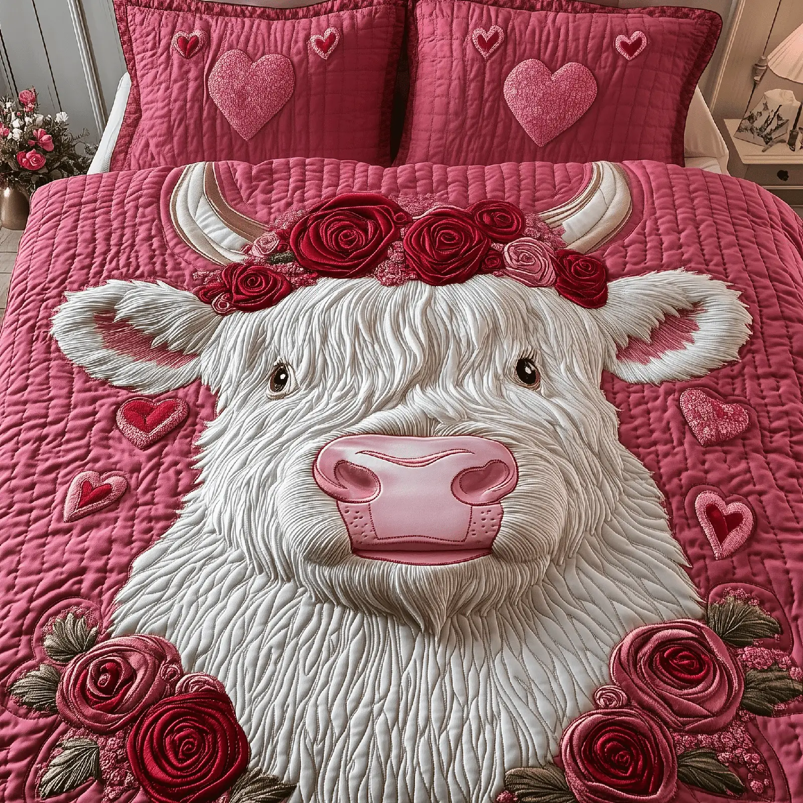 Highland Cow Pinky Sweetie Quilted Bedding Set Valentine Day Present For Adult Son