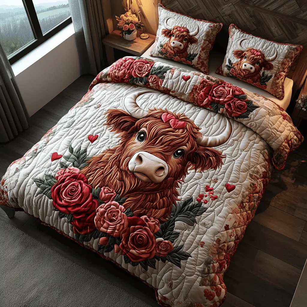 Highland Cow Quilted Bedding Set Duvet Cover Present For Cow Lovers Valentine Day
