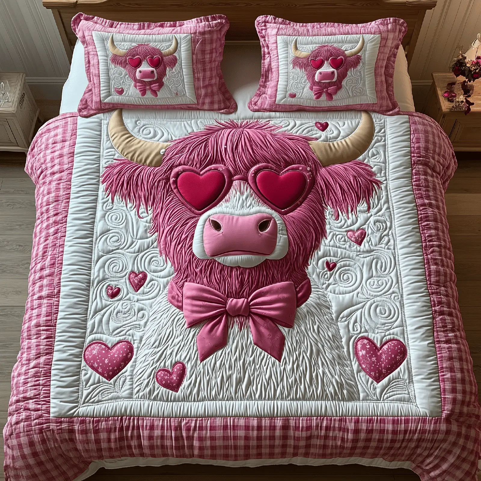 Highland Cow Quilted Bedding Set Pink Cow Valentine Day Present For Daughter In Law