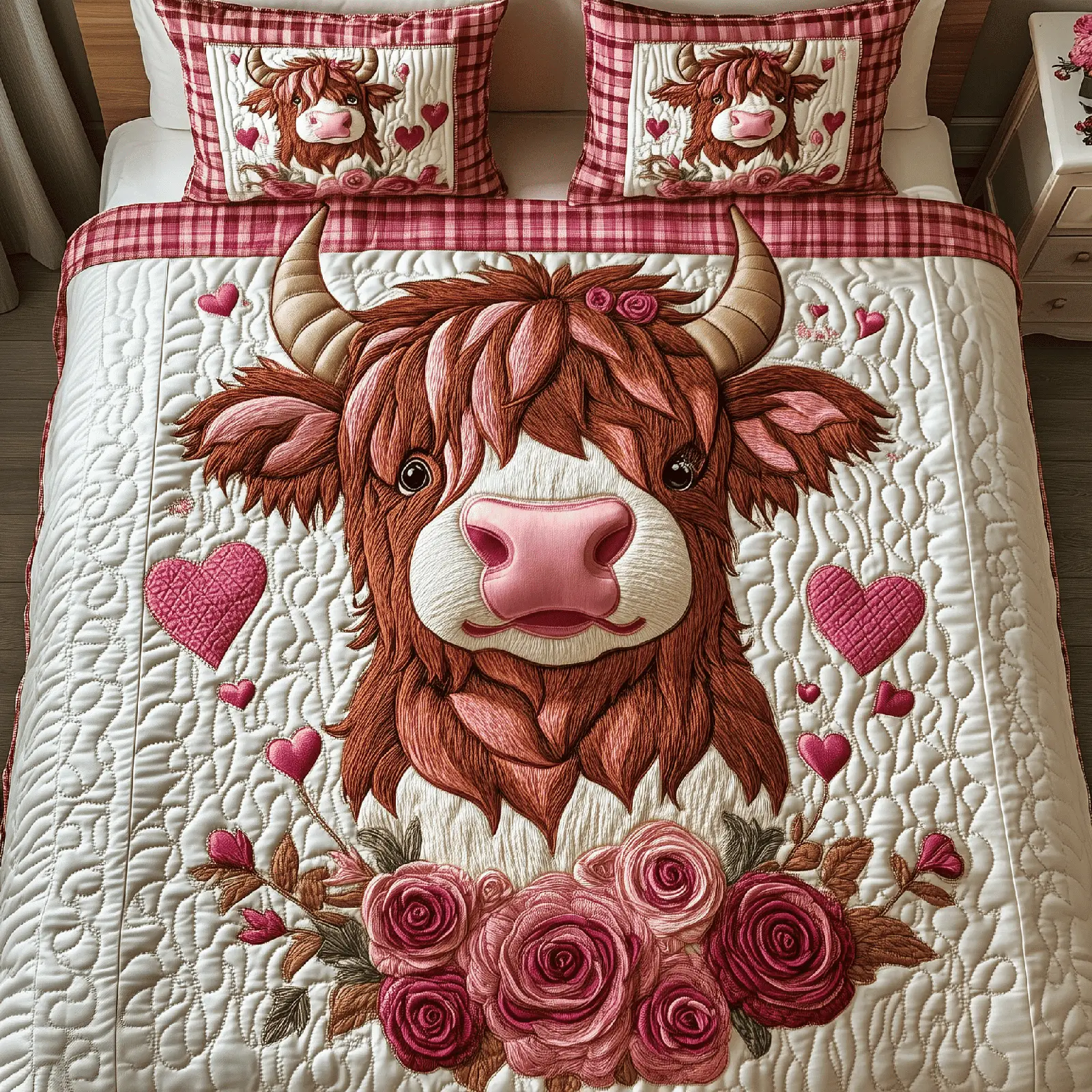 Highland Cow Quilted Bedding Set Pinky Sweetie Highland Cow Valentine Gift For Women