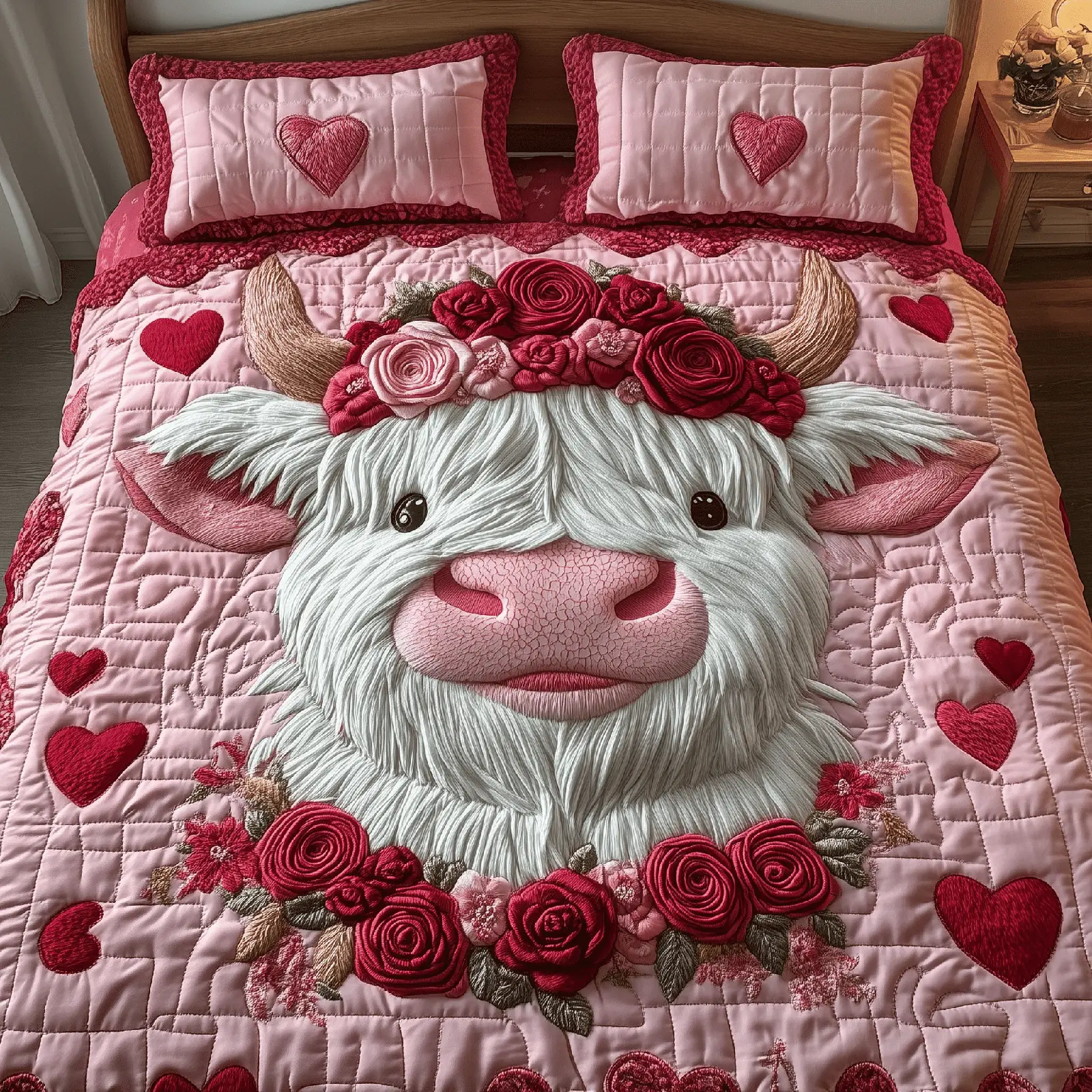 Highland Cow Quilted Bedding Set Pinky Sweetie Valentine Day Gifts For Cow Lovers Highland Cow Quilted Bedding Set Pinky Sweetie Valentine Day Gifts For Cow Lovers - Image 1