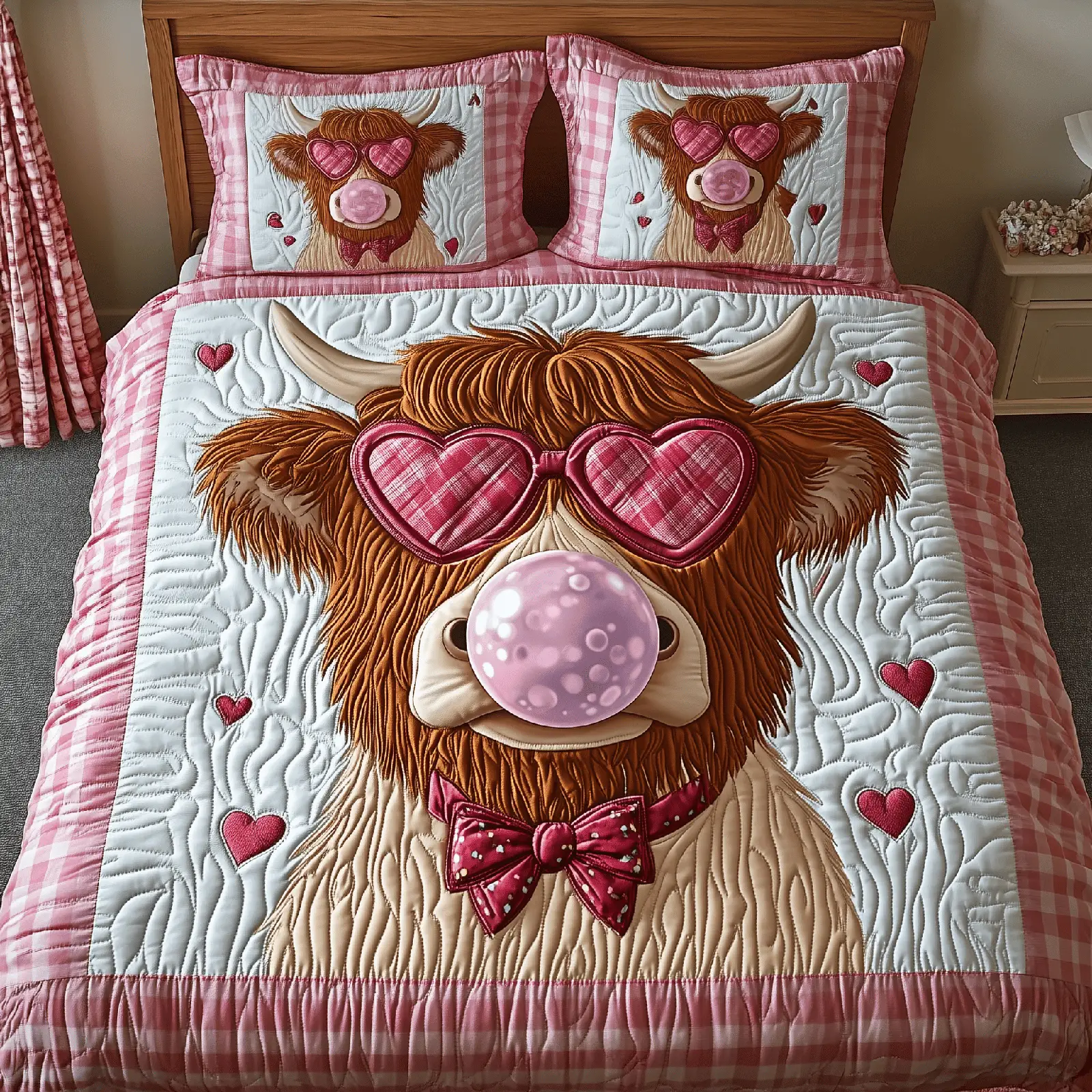Highland Cow Quilted Bedding Set Pretty Valentine Day Gift Ideas For Highland Cow Lovers