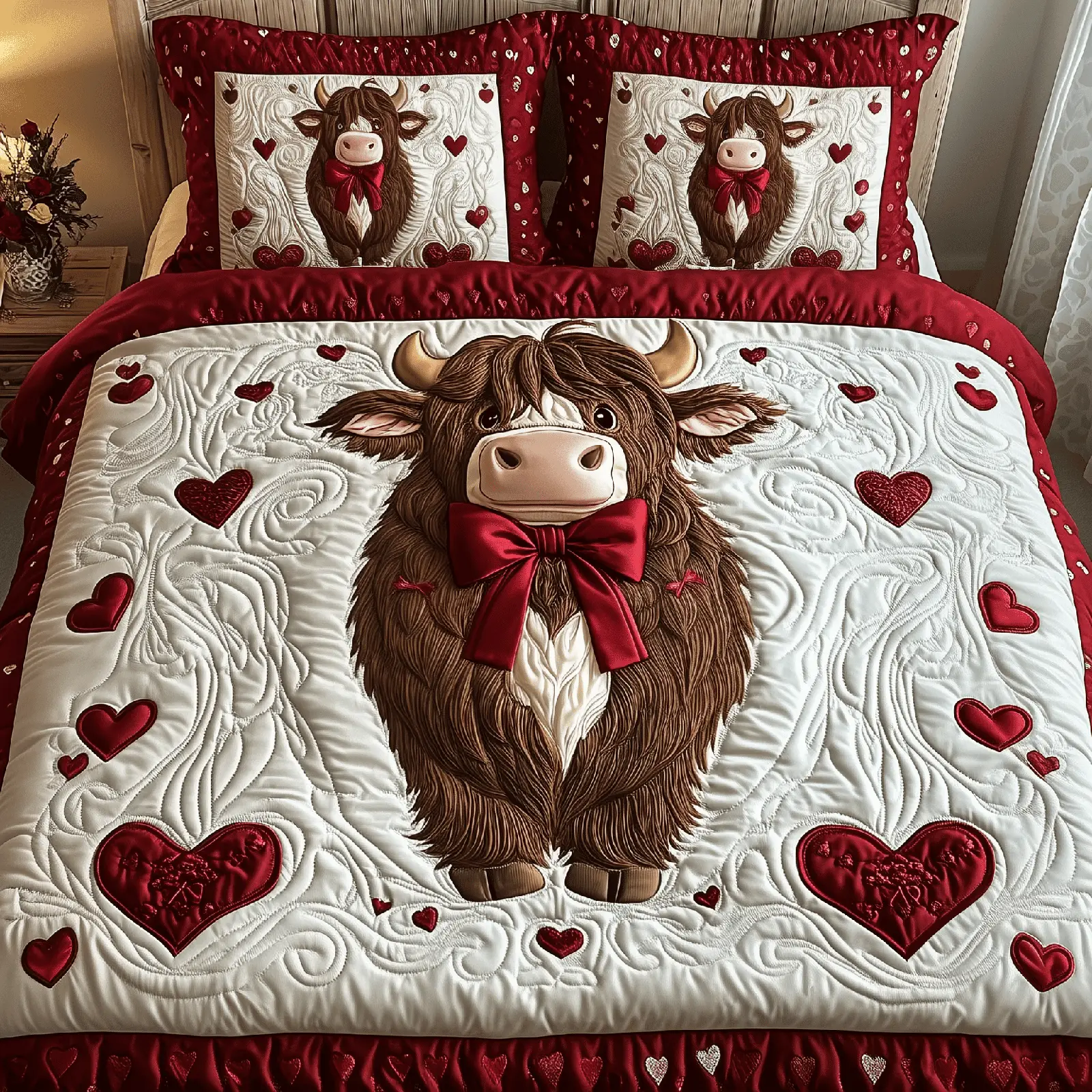 Highland Cow Quilted Bedding Set Valentine Day Bedspread Set Gifts For Cow Owners