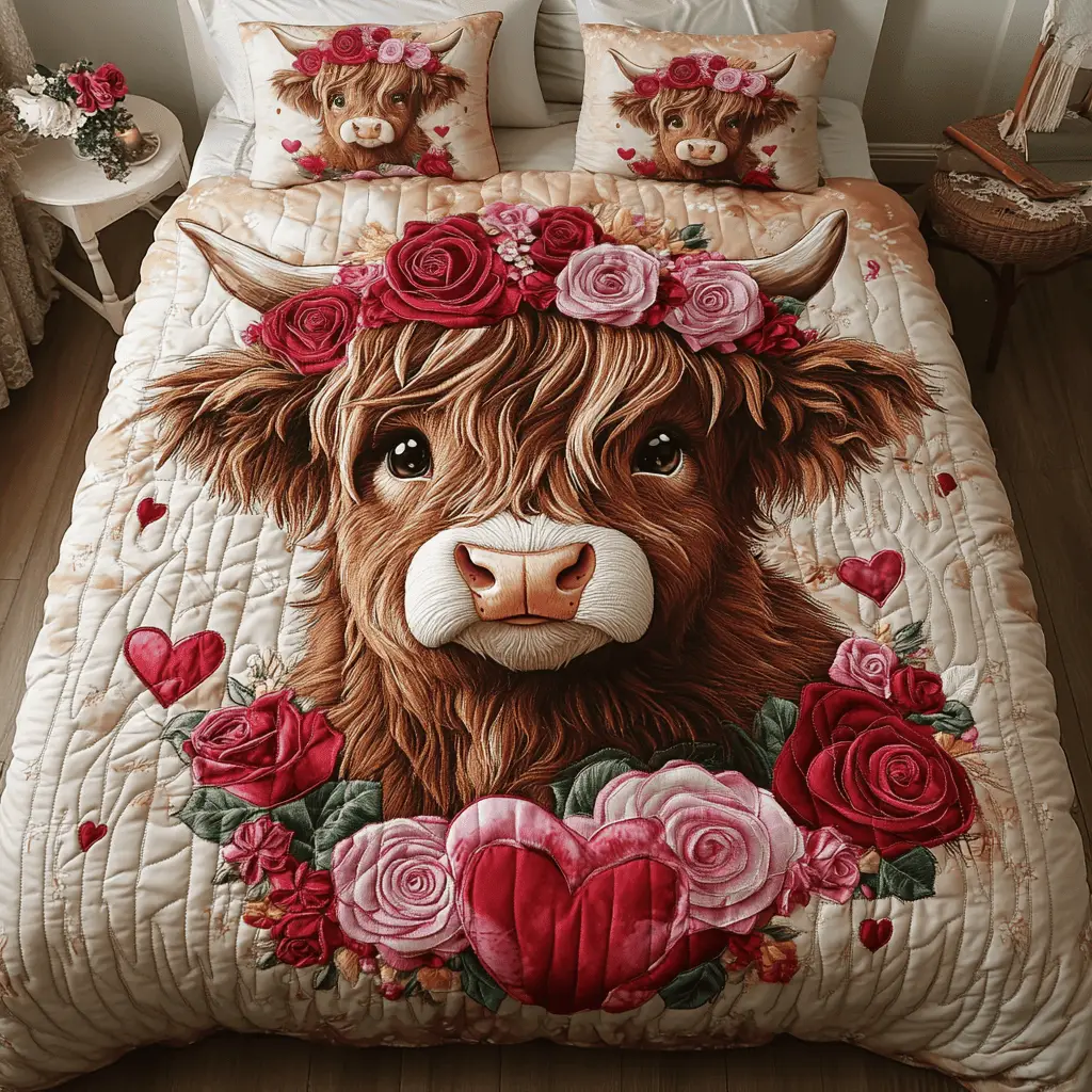 Highland Cow Rosie Glow Quilted Bedding Set Family Fun Gifts For Valentine Day