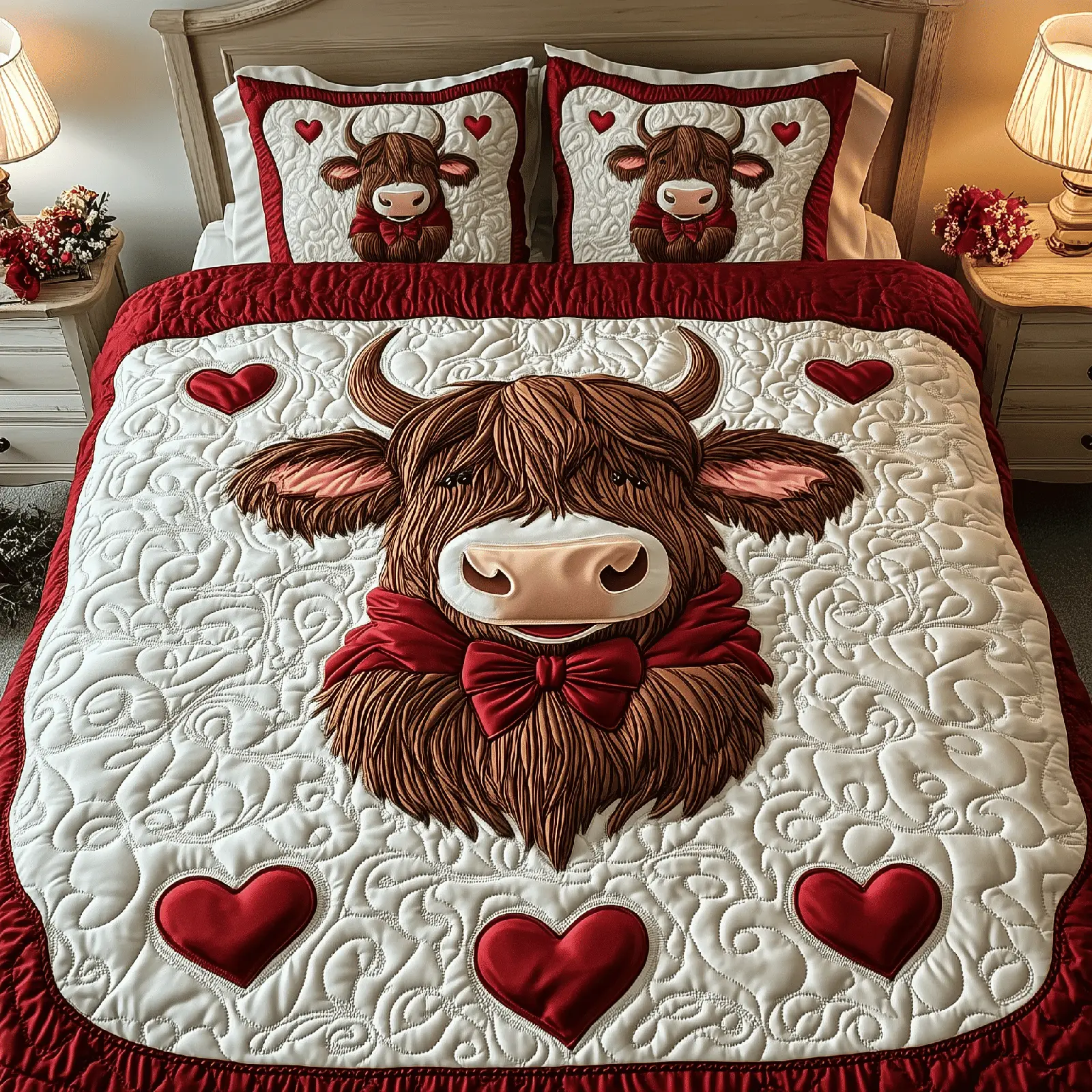 Highland Cow Valentine Quilted Bedding Set Valentine Day Gift For Highland Cow Owners