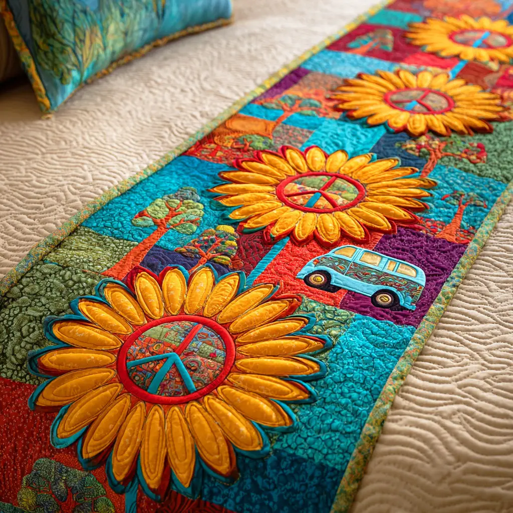 Hippie Harmony Quilted Bed Runner Hippie Harmony Flow Peace-Themed Gift