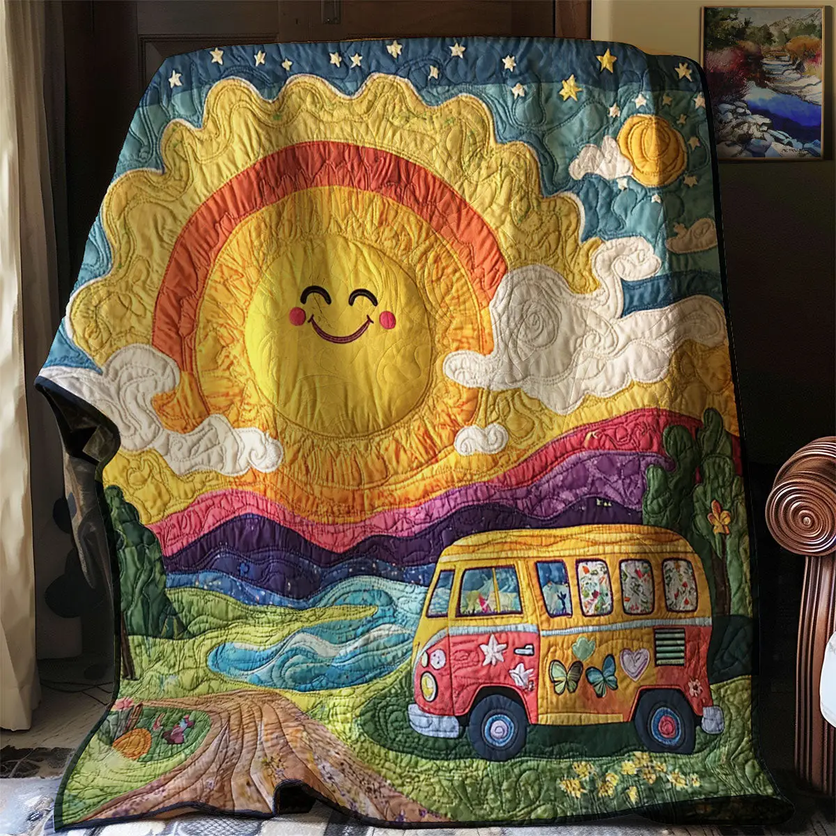 Hippie Roadtrip Quilt Blanket For Couch Unique Father'sDay Gifts