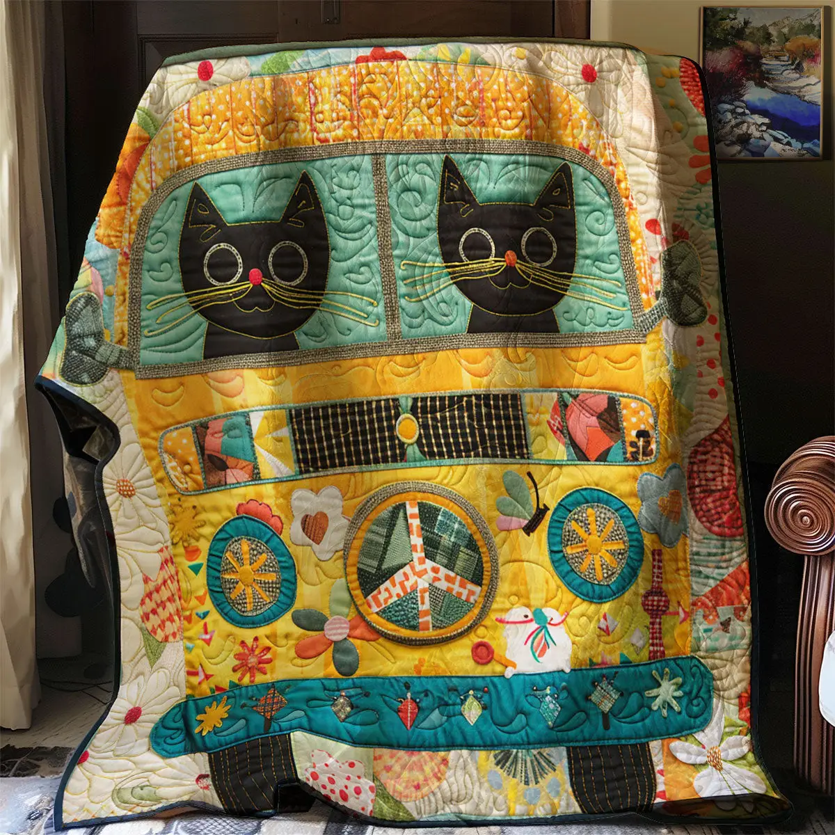 Hippie Van Cat Quilt Blanket For Couch Gifts For New Dads