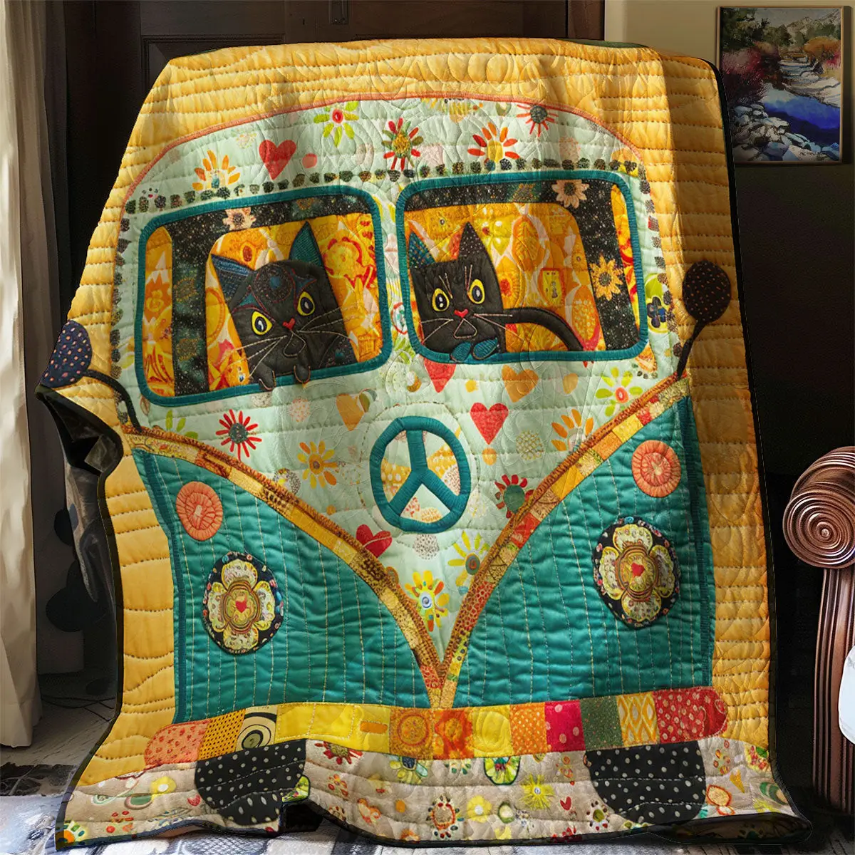 Hippie Van Cat Quilt Blanket For Couch Unique Father'sDay Gifts