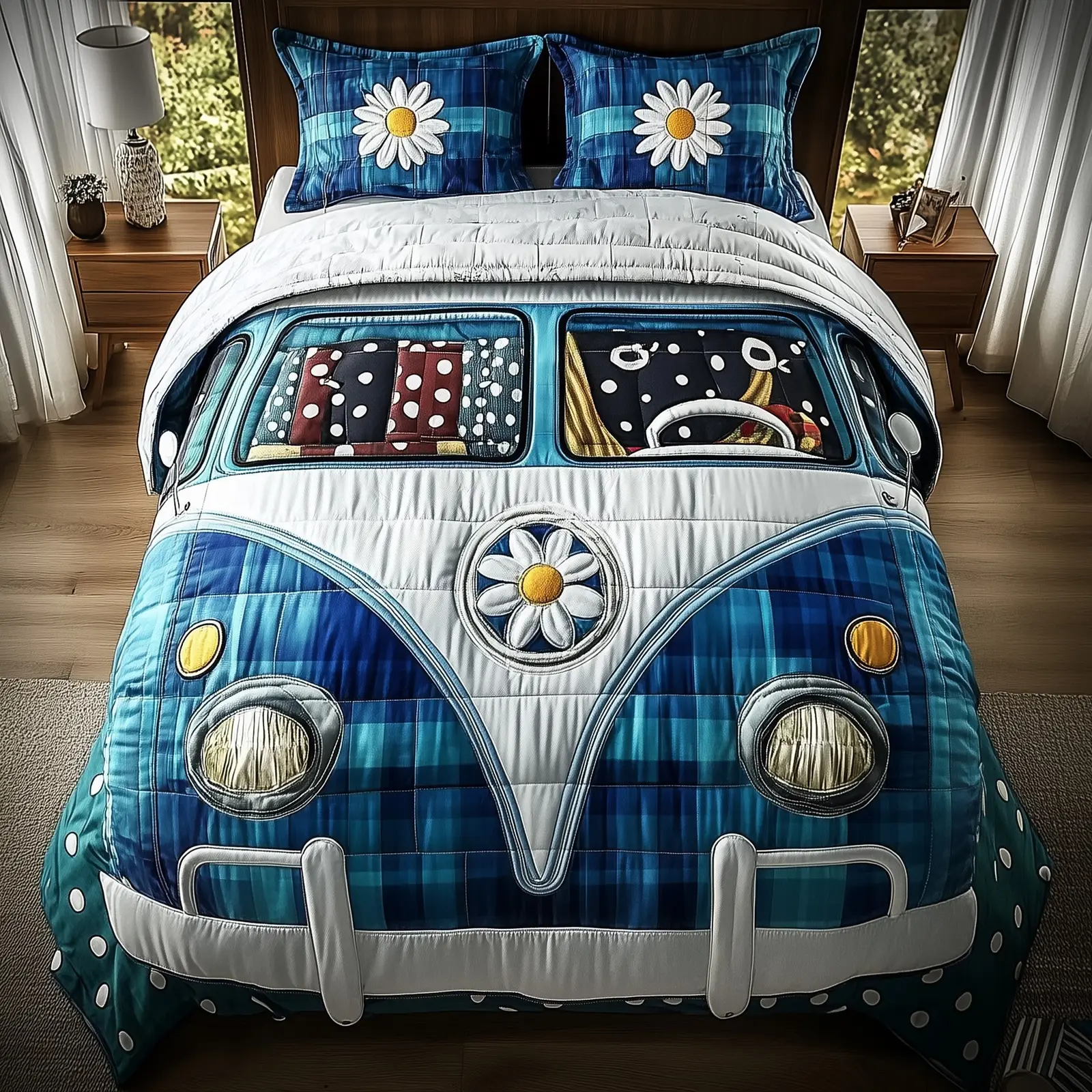 Hippie Van Quilted Bedding Set Duvet Cover Bedspread Gifts For Flower Lovers
