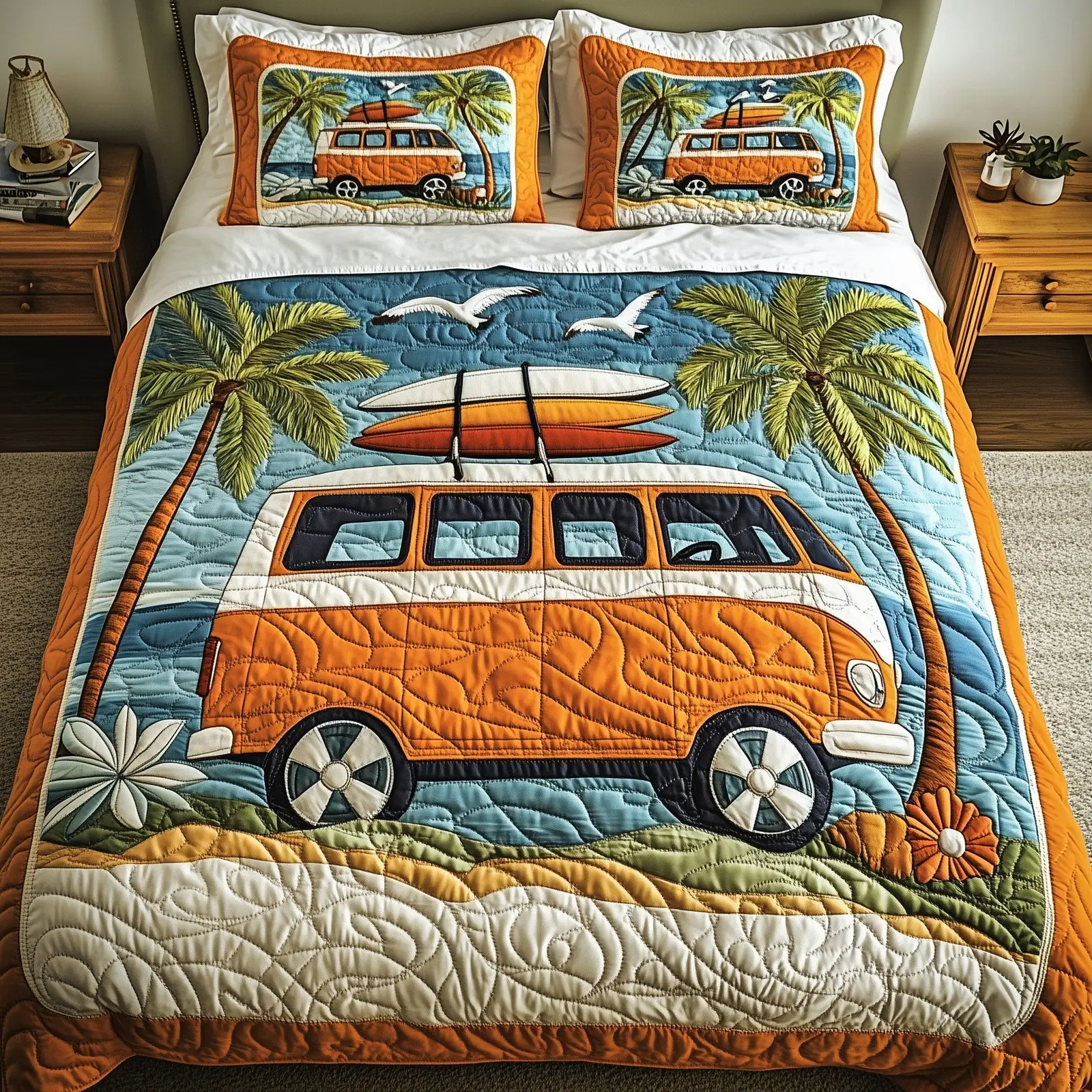 Hippie Van Quilted Bedding Set Geometrical Pattern