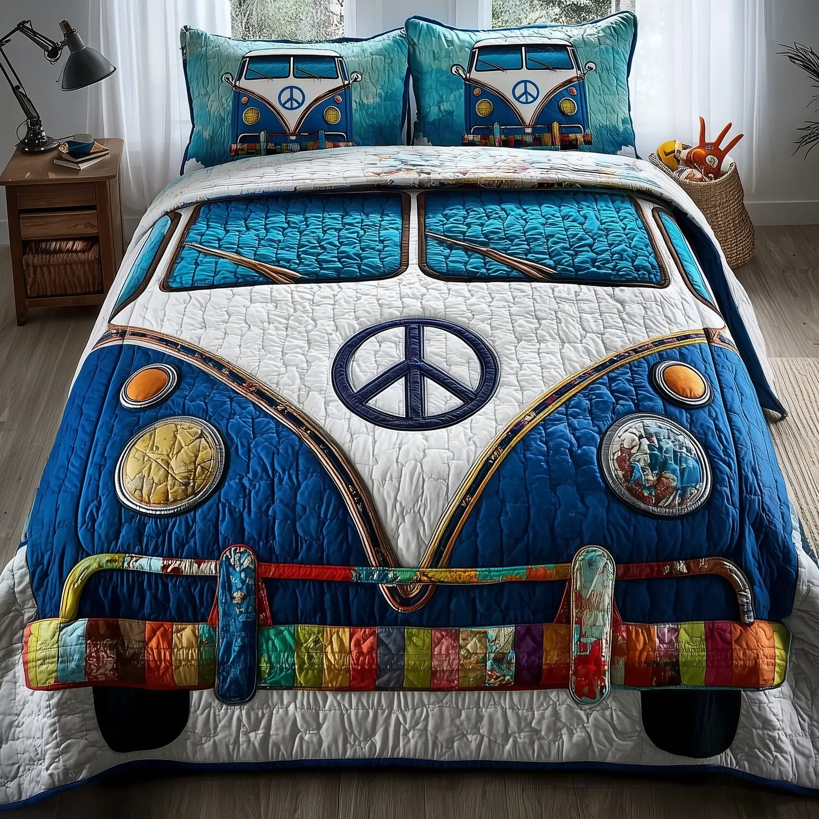 Hippie Van Quilted Bedding Set Striped Design