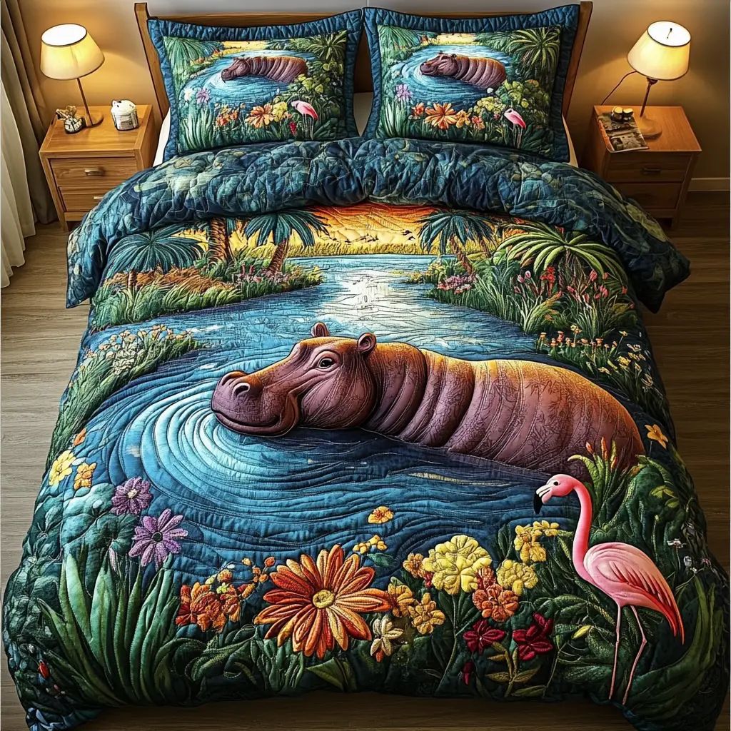 Hippo Harmony Quilted Bedding Set Trendy Bedding Merch for Modern Homes