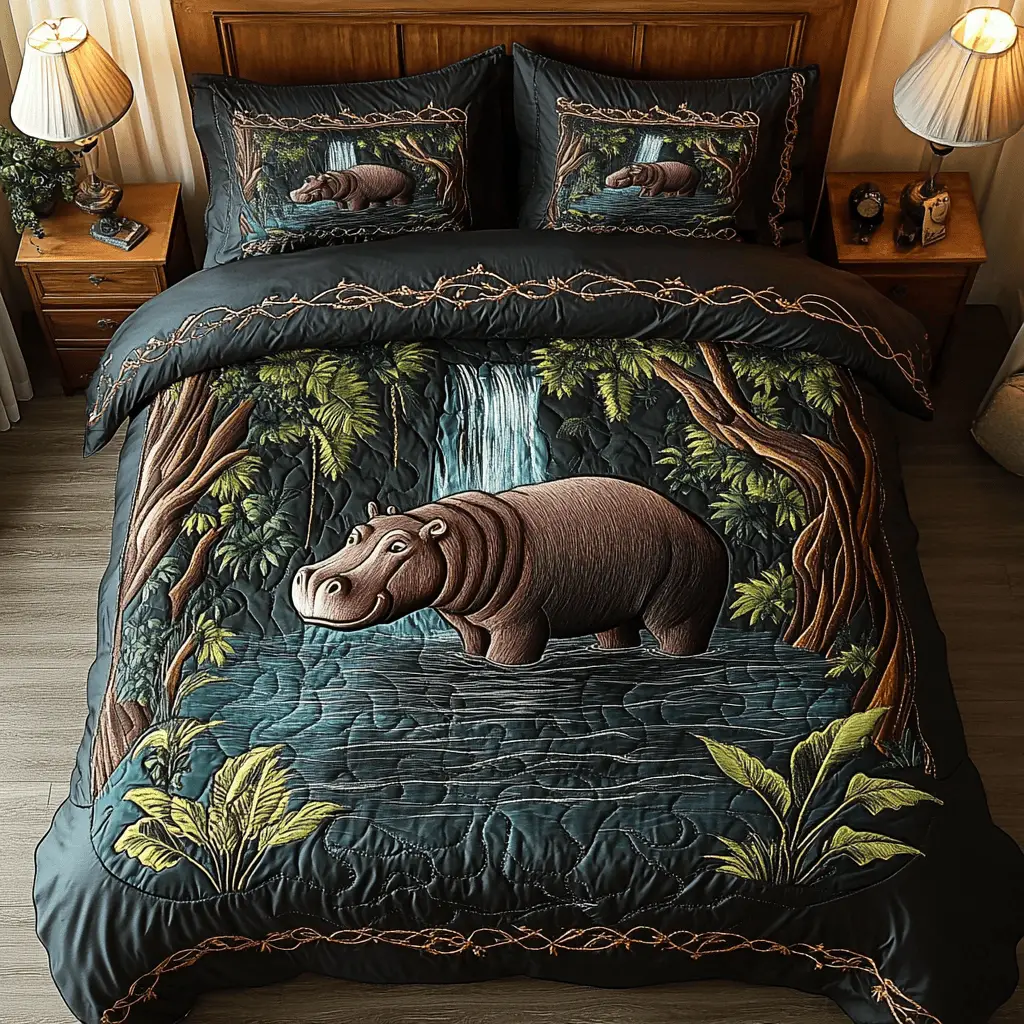Hippo Horizon Quilted Bedding Set Beautiful Printed Bedding Set for Home Aesthetics Hippo Horizon Quilted Bedding Set Beautiful Printed Bedding Set for Home Aesthetics - Image 1