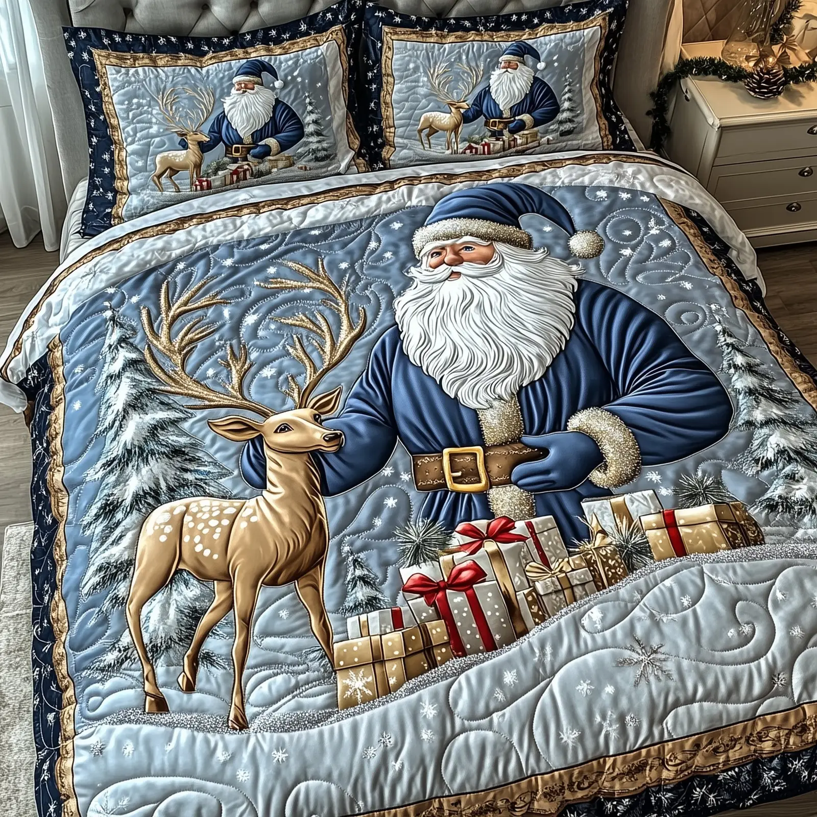 Ho Ho Ho Christmas Quilted Bedding Set Duvet Cover Bedspread Santa Claus Theme Xmas Gifts