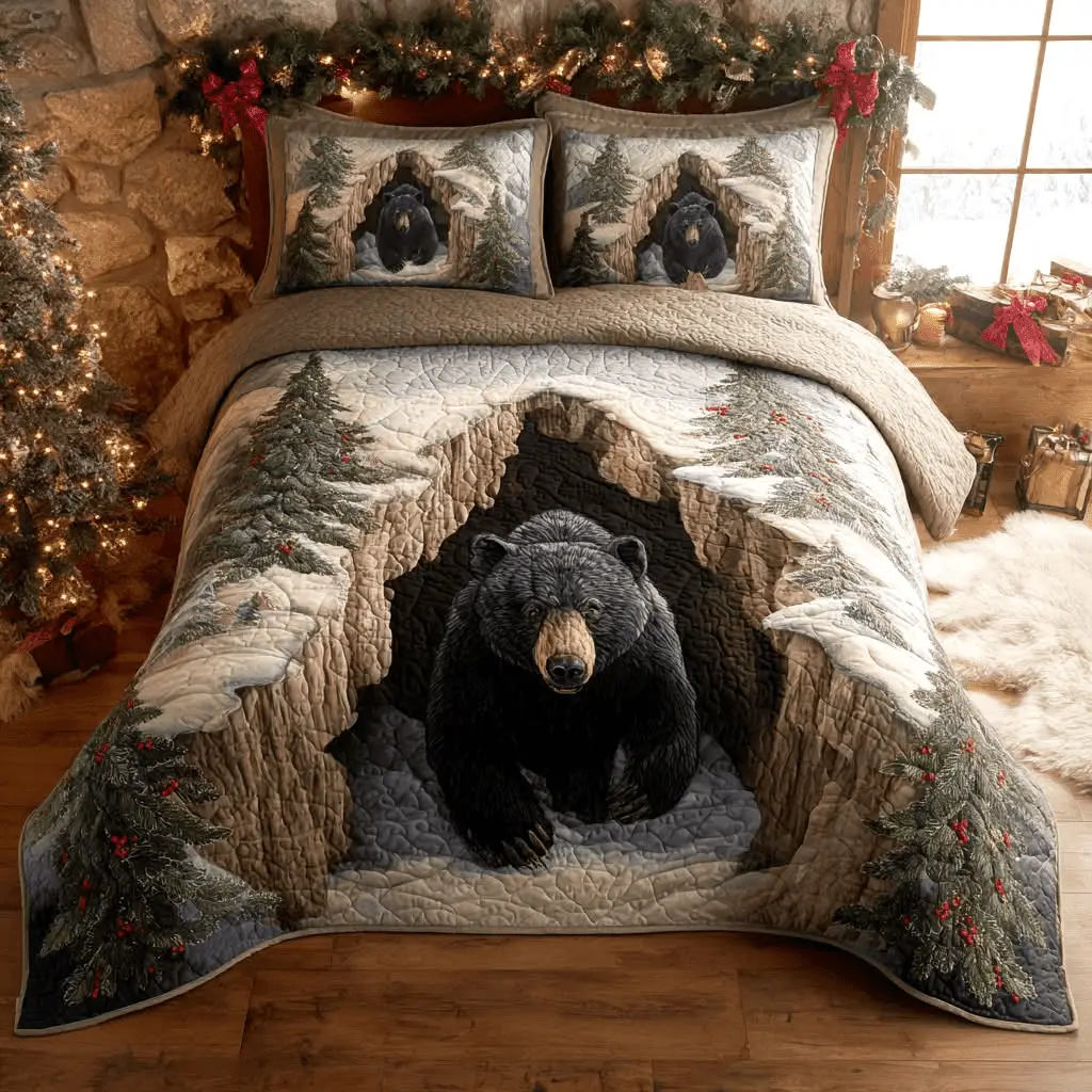 Holiday Black Bear Quilt Bedding Set Forest Themed Duvet Covers Gift for Mom