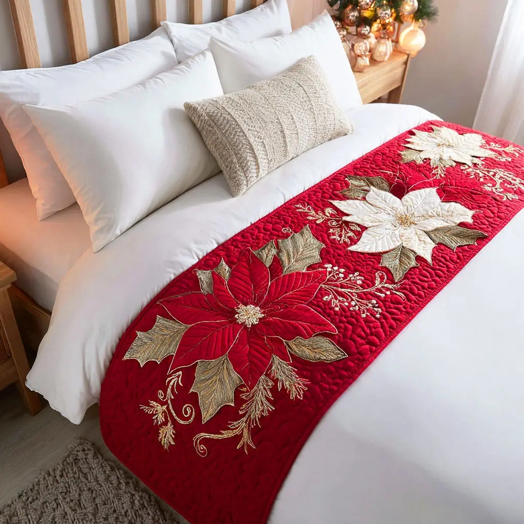 Holiday Bloom Quilted Bed Runner Festive Floral Bloom Christmas Gift for Wife
