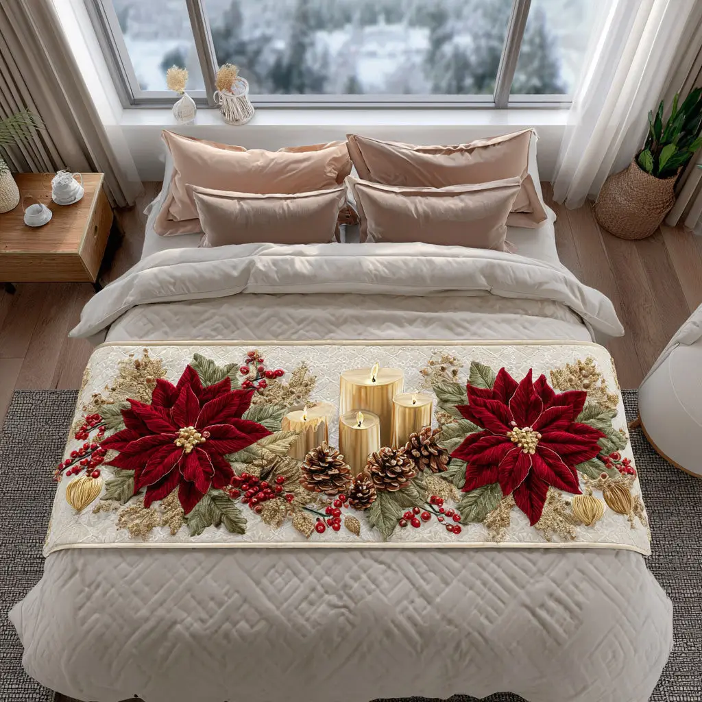 Holiday Blossom Quilted Bed Runner Christmas Floral Pattern Holiday Gift for Grandma