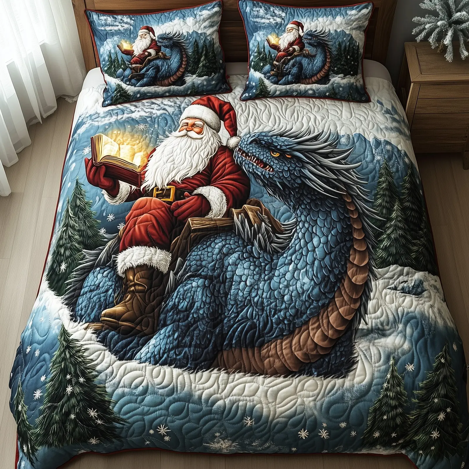 Holiday Dragon Ride Quilted Bedding Set  Bed Decoration Santa And Dragon Xmas Gifts For Dragoy Lovers