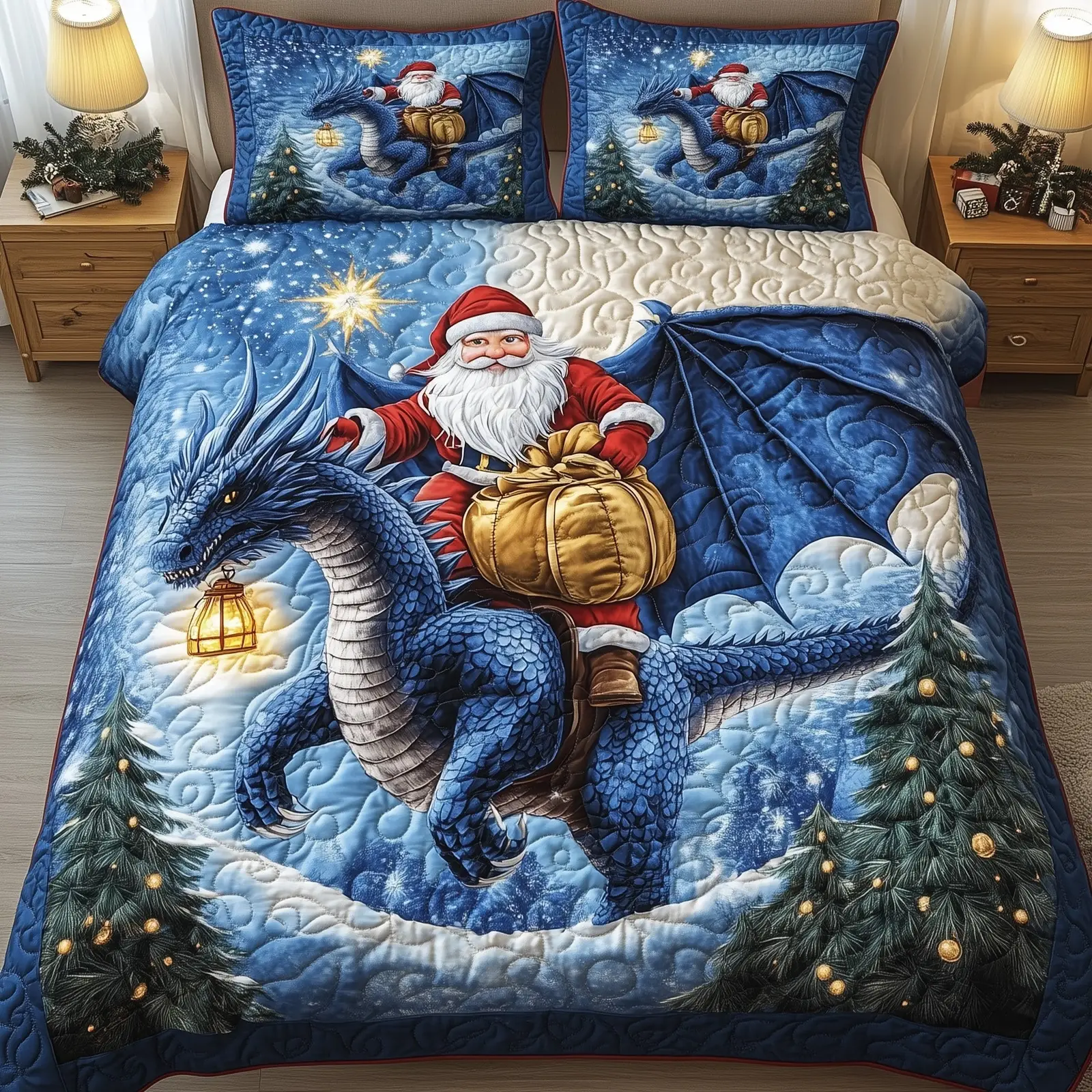 Holiday Dragon Ride Quilted Bedding Set  Bedspread Santa Riding Dragon Xmas Dragoy Gift Items
