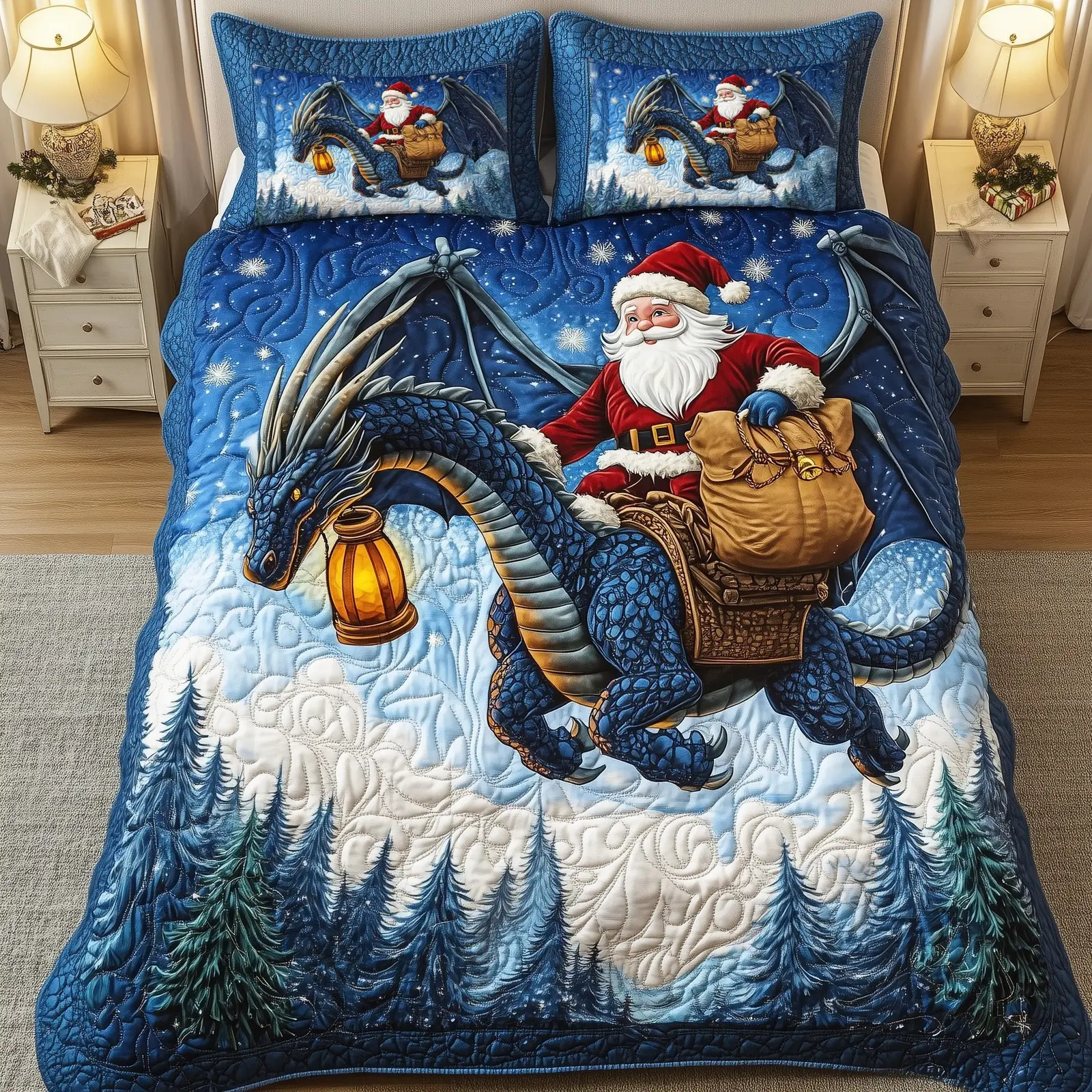 Holiday Dragon Ride Quilted Bedding Set Duvet Cover Santa Riding Dragon Xmas Dragoy Themed Gifts Holiday Dragon Ride Quilted Bedding Set Duvet Cover Santa Riding Dragon Xmas Dragoy Themed Gifts - Image 1