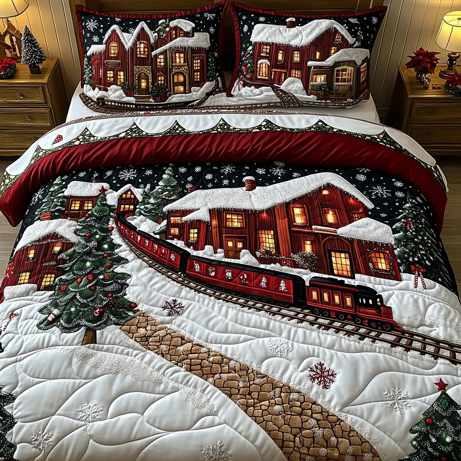 Holiday Express Christmas Quilted Bedding Set Duvet Cover Bedspread Cute Xmas Holiday Gift Ideas