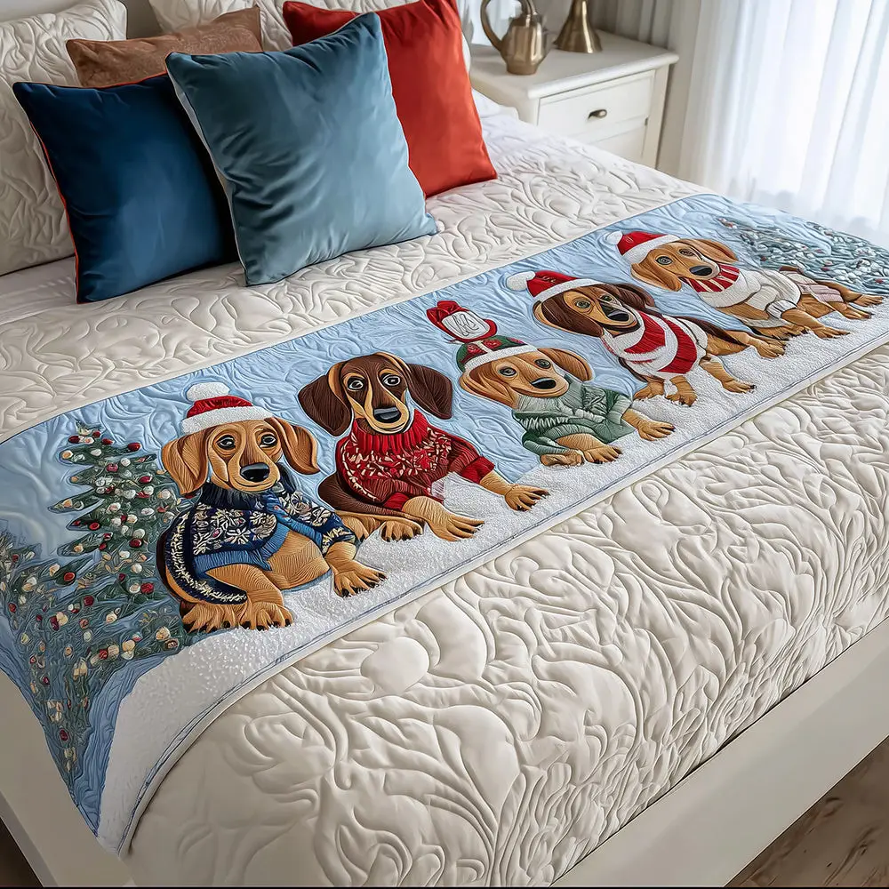 Holiday Hound Quilted Bed Runner Holiday Dachshund Scene Seasonal Gift Holiday Hound Quilted Bed Runner Holiday Dachshund Scene Seasonal Gift - Image 1
