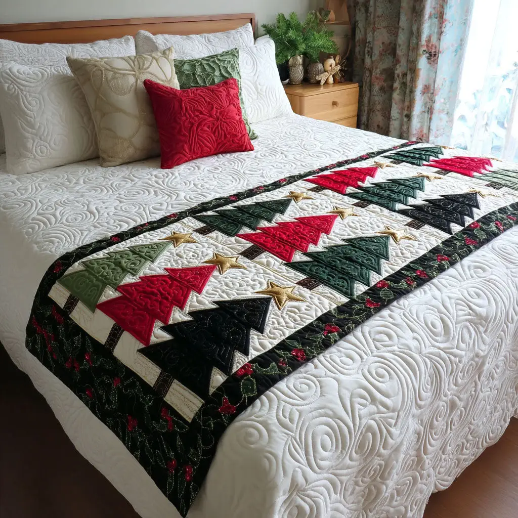 Holiday Peaks Quilted Bed Runner Snowy Holiday Peaks Winter Gift for Family