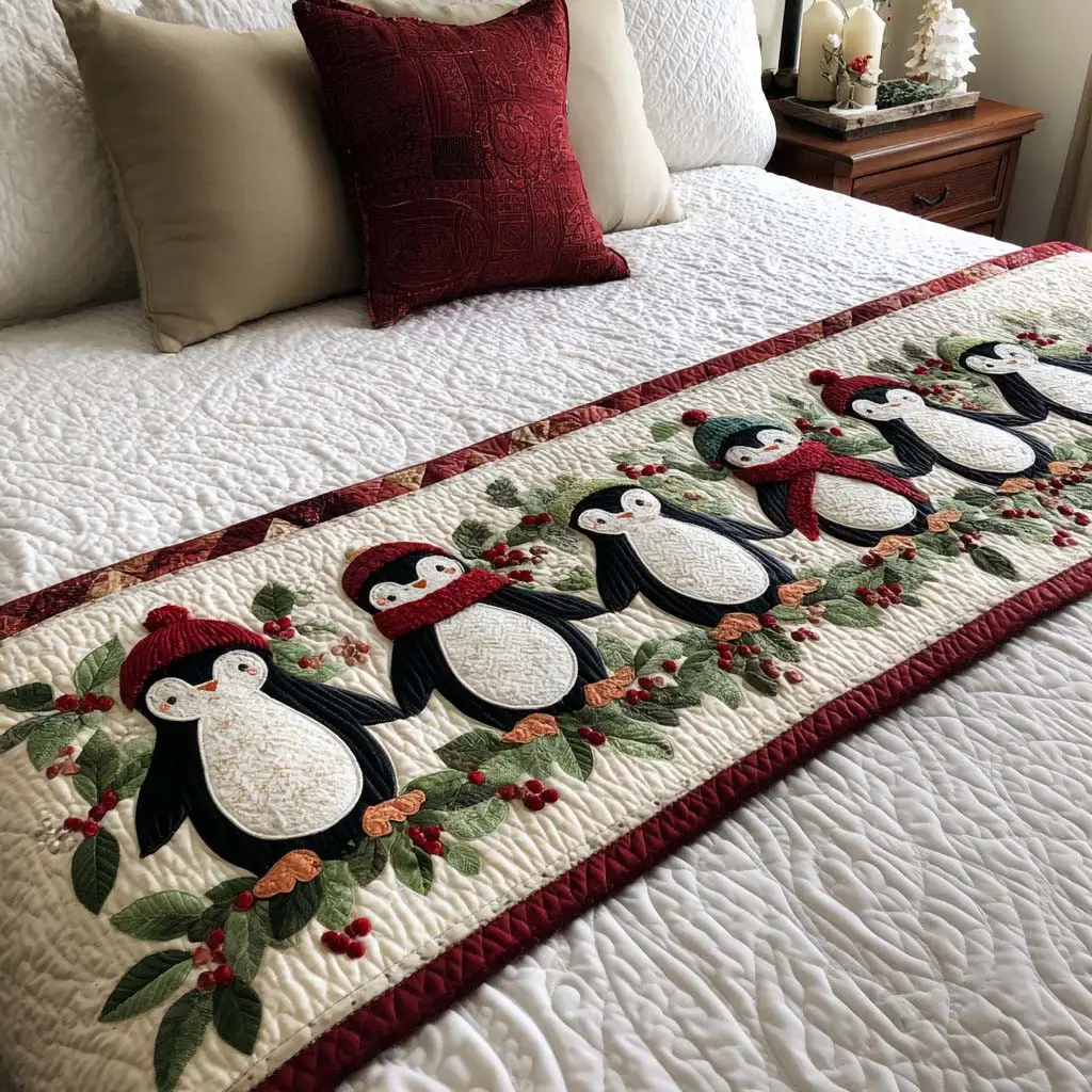 Holiday Penguins Quilted Bed Runner Penguin Holiday Scene Winter Gift for Friends