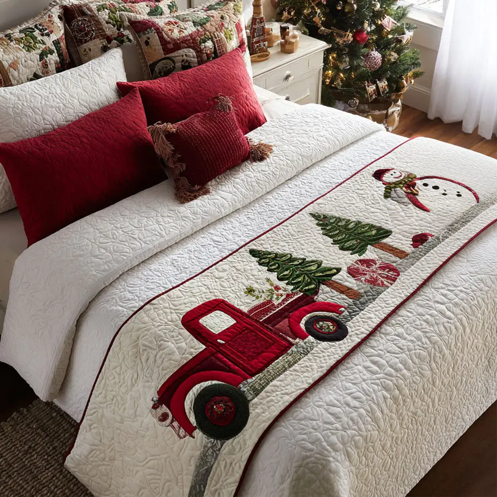 Holiday Pickup Quilted Bed Runner Holiday Pickup Truck Christmas Gift for Grandpa