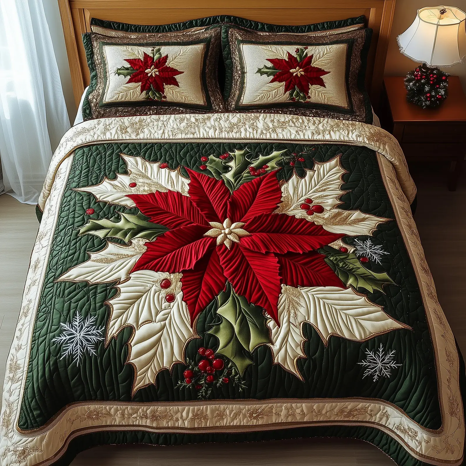 Holiday Poinsettia Christmas Quilted Bedding Set Duvet Cover Bedspread ozy Winter Xmas Gifts For Her