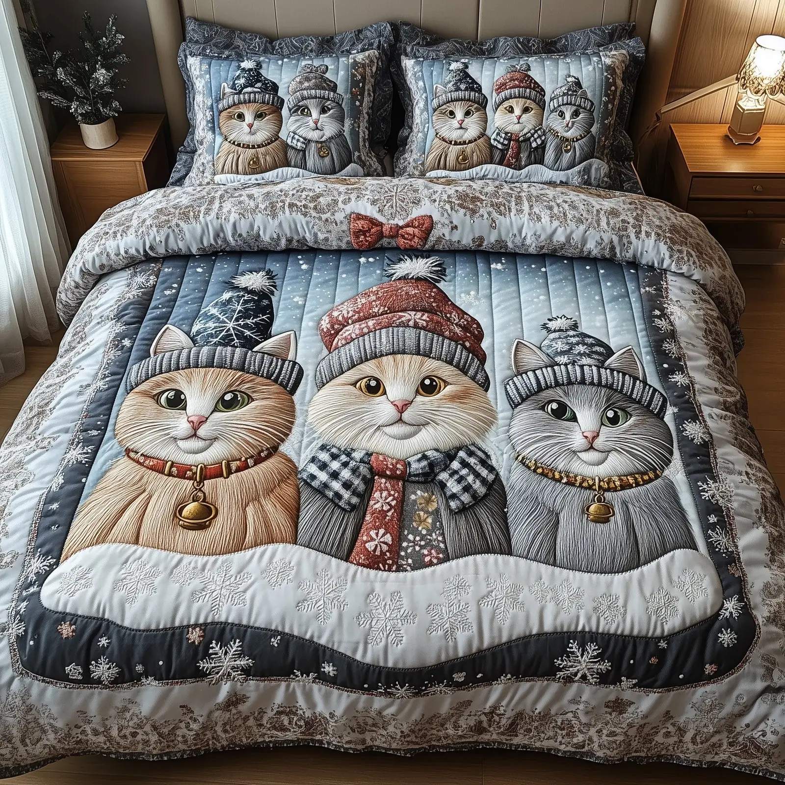 Holiday Purrfect Christmas Quilted Bedding Set Duvet Cover Bedspread Xmas Holiday Gifts For Cat Lovers