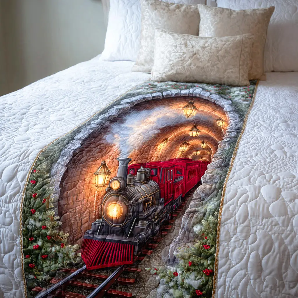 Holiday Rail Dream Quilted Bed Runner Holiday Railway Scene Christmas Gift