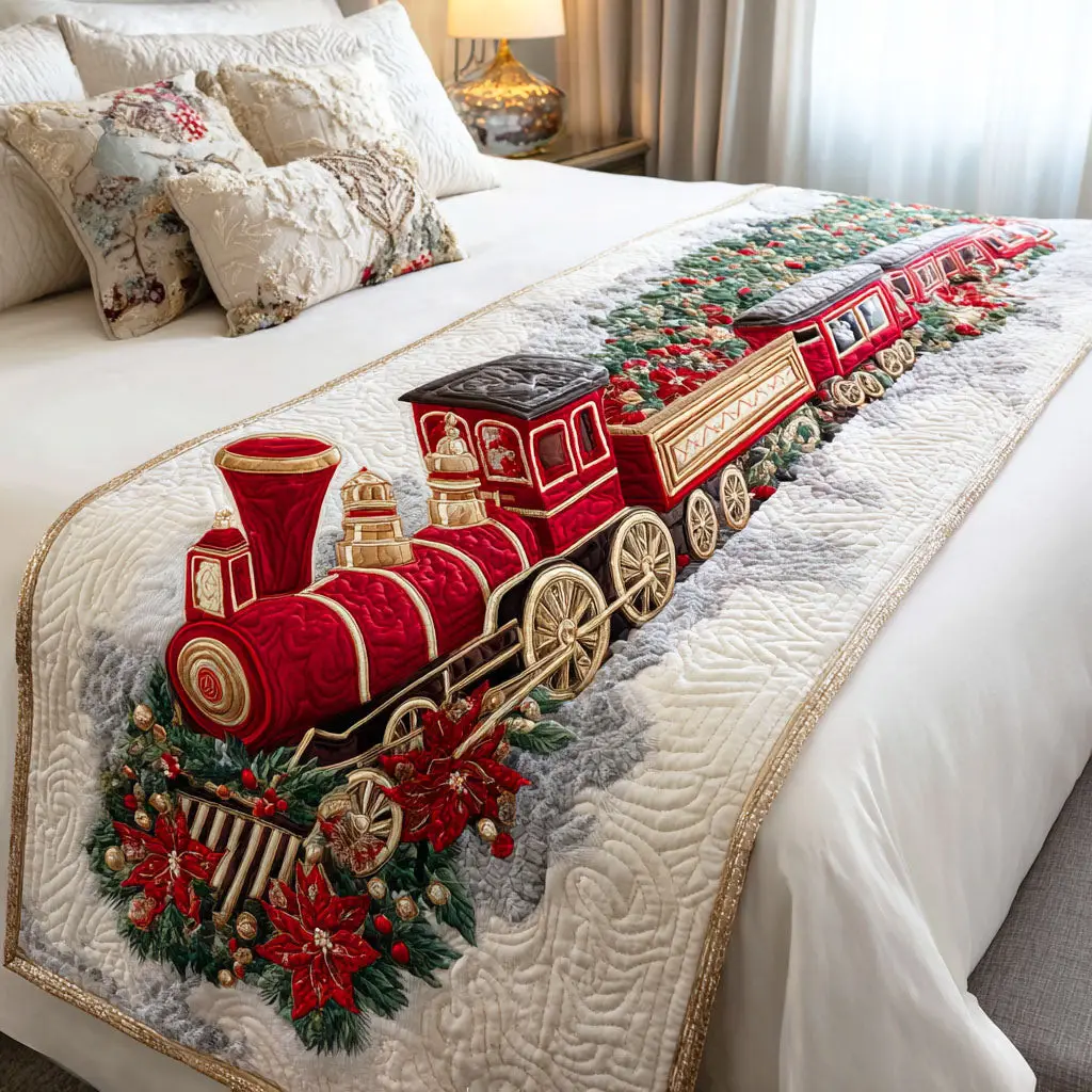 Holiday Steam Engine Quilted Bed Runner Train Lovers Gift for Kids