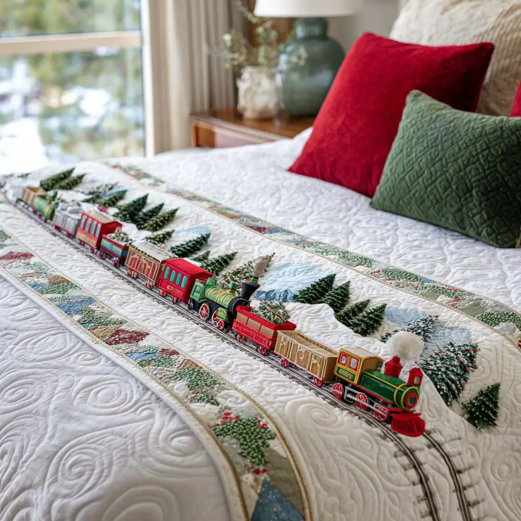Holiday Train Quilted Bed Runner Christmas Train Artwork Holiday Gift for Dad