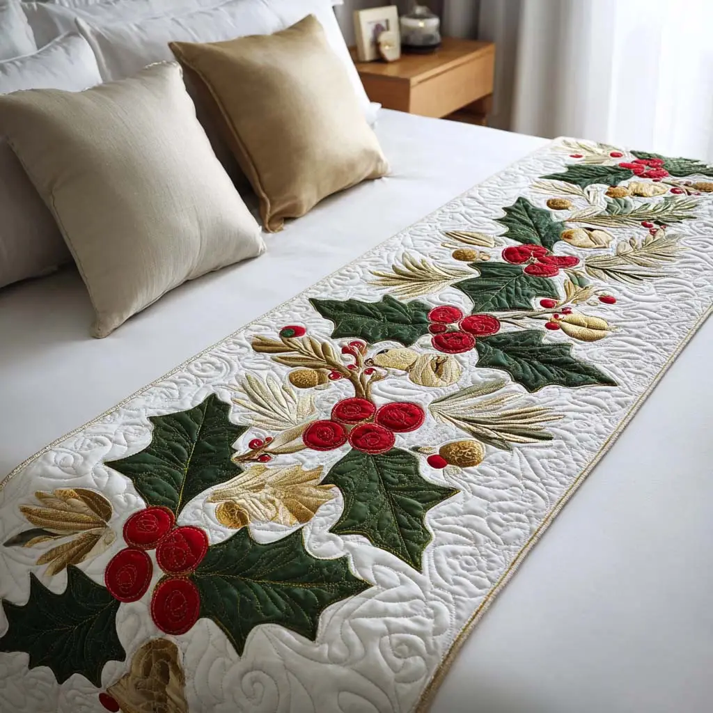Holly Berries Quilted Bed Runner Holly Berry Mix Holiday Gift for Grandma