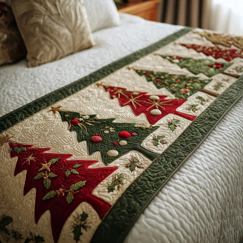 Holly Forest Quilted Bed Runner Holly and Forest Theme Christmas Gift for Grandma