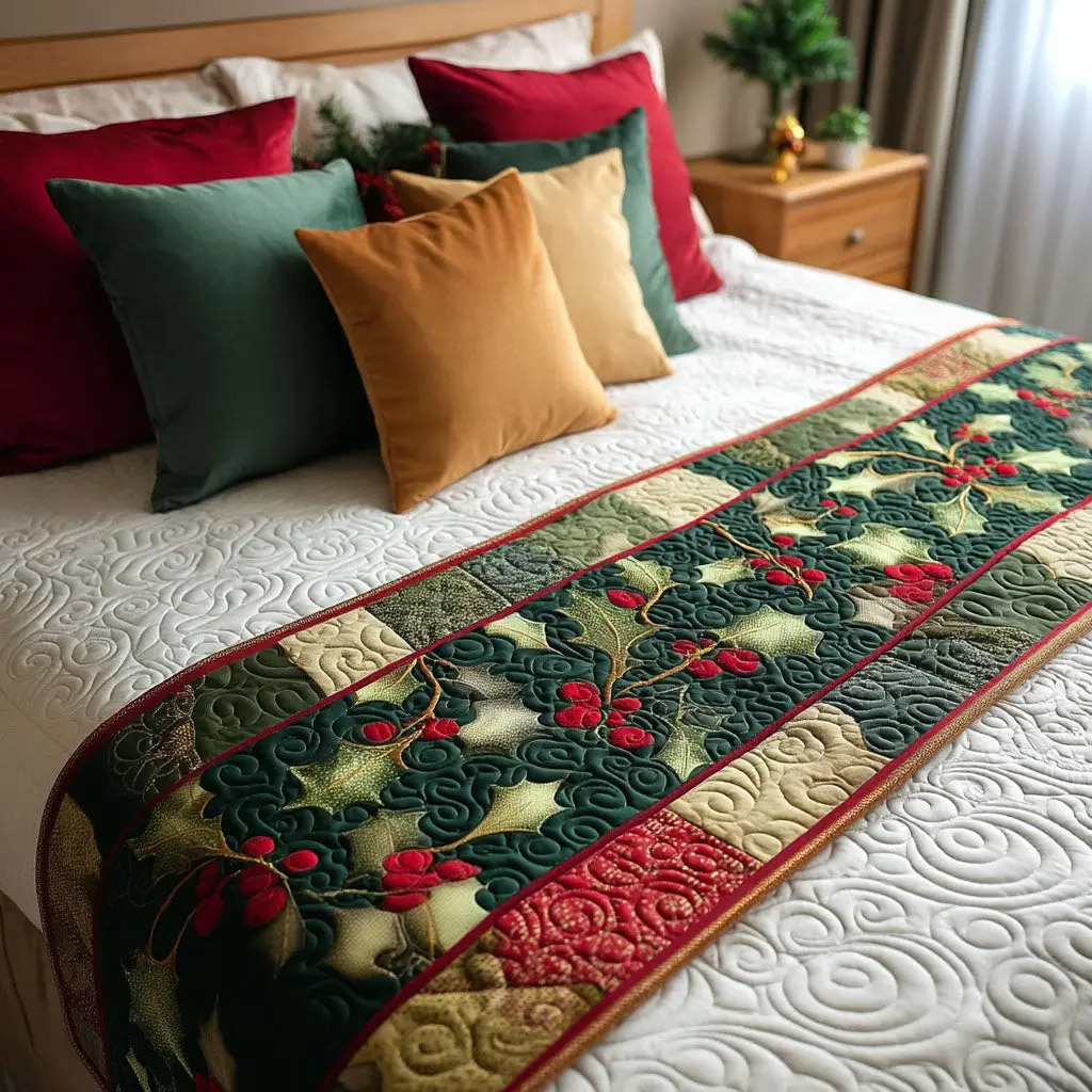 Holly Harmony Quilted Bed Runner Holly Harmony Detail Christian Gift for Grandma Holly Harmony Quilted Bed Runner Holly Harmony Detail Christian Gift for Grandma - Image 1