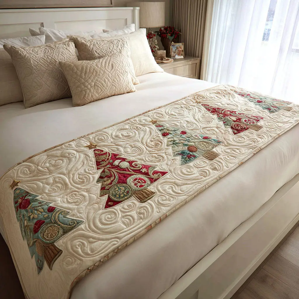Holly Jolly Tree Quilted Bed Runner Christmas Tree Theme Gift for Mom