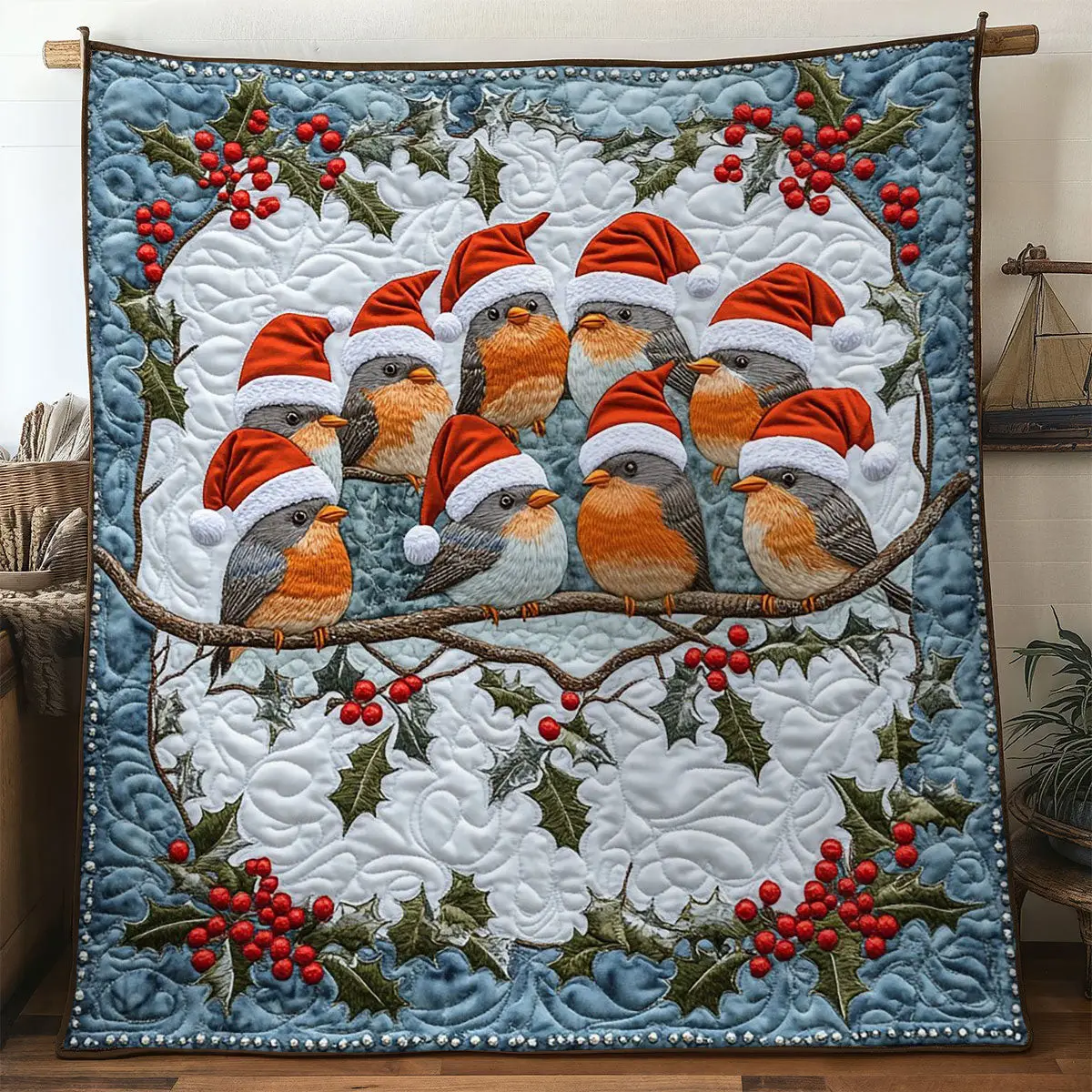 Holly Song European Robin Quilt Premium Quilt Blanket Gift for Cozy Winter Nights