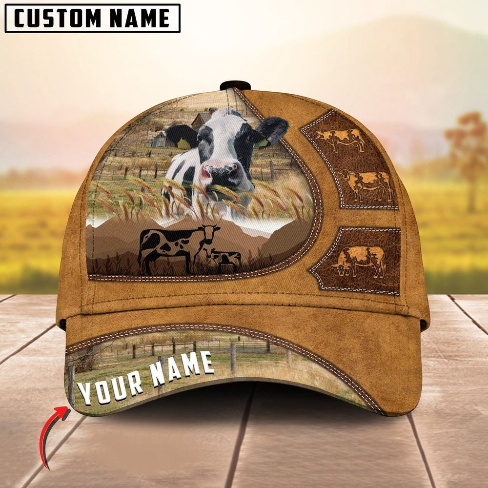 Holstein Art On Farm Yellow Leather Pattern Customized 3D Cap Farmer Baseball Cap Gift For Farmer