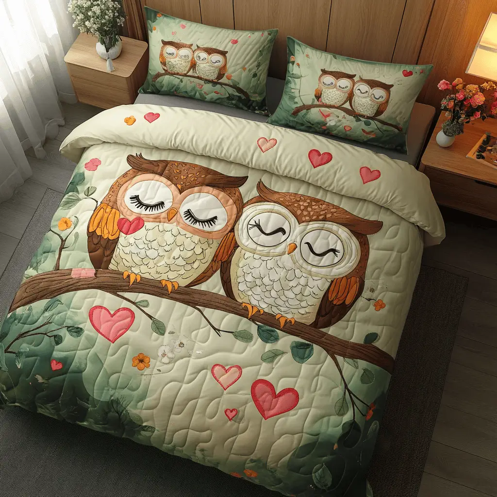 Hoots Of Love Quilted Bedding Set Aesthetic Home Decor Best Valentines Gifts For Her