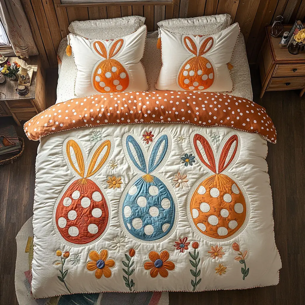 Hoppy Easter Garden Quilted Bedding Set Holiday Bedroom Decor Bunny Present Ideas